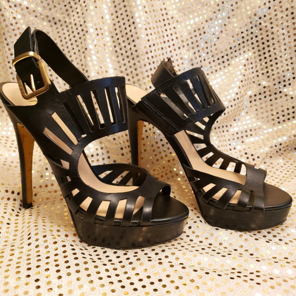 Guess Women's Black Leather Laser Cut Platform Stillettos Peep Toe Heels Size 5M